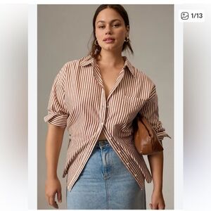 ANTHROPOLOGIE Maeve Bennet Button Down Brown White Stripe Long Sleeve Blouse SM